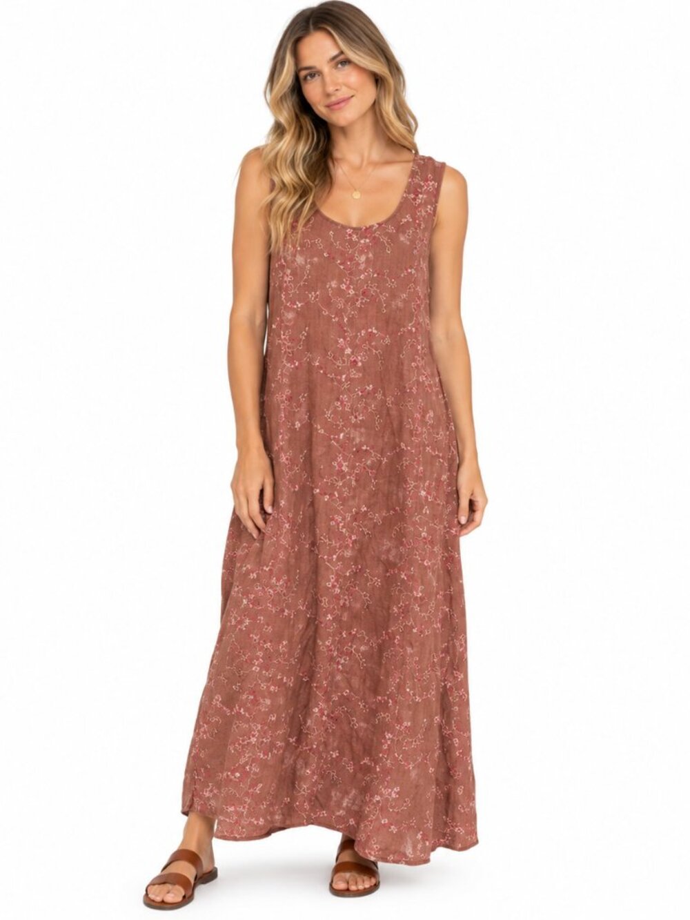The Territory Ahead Linen Maxi Dress 16 Brown Floral Embroidered Coastal Cottage